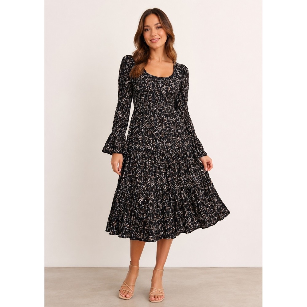Olivaceous Midi Babydoll Dress Small Black Floral Boho Peasant Puff Bell Sleeves